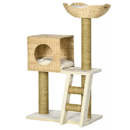 Cat scratching post with house, sisal scratching posts, washable cushions, 100.5 H x 57 W x 37 D cm, White/Natural