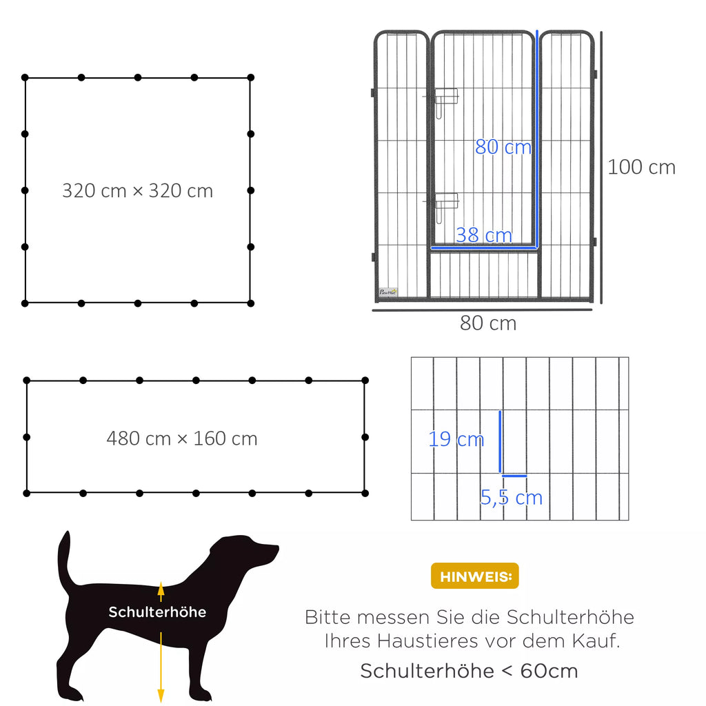 Kucēnu rotaļu laukums, modulārs dizains, 16 elementi, 2 durvis, laikapstākļiem izturīgs, tērauds, 3,2 x 3,2 x 1 m, pelēks