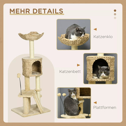 Cat scratching post with cat bed, resting platform, play ball, 45x40x116cm, brown/beige