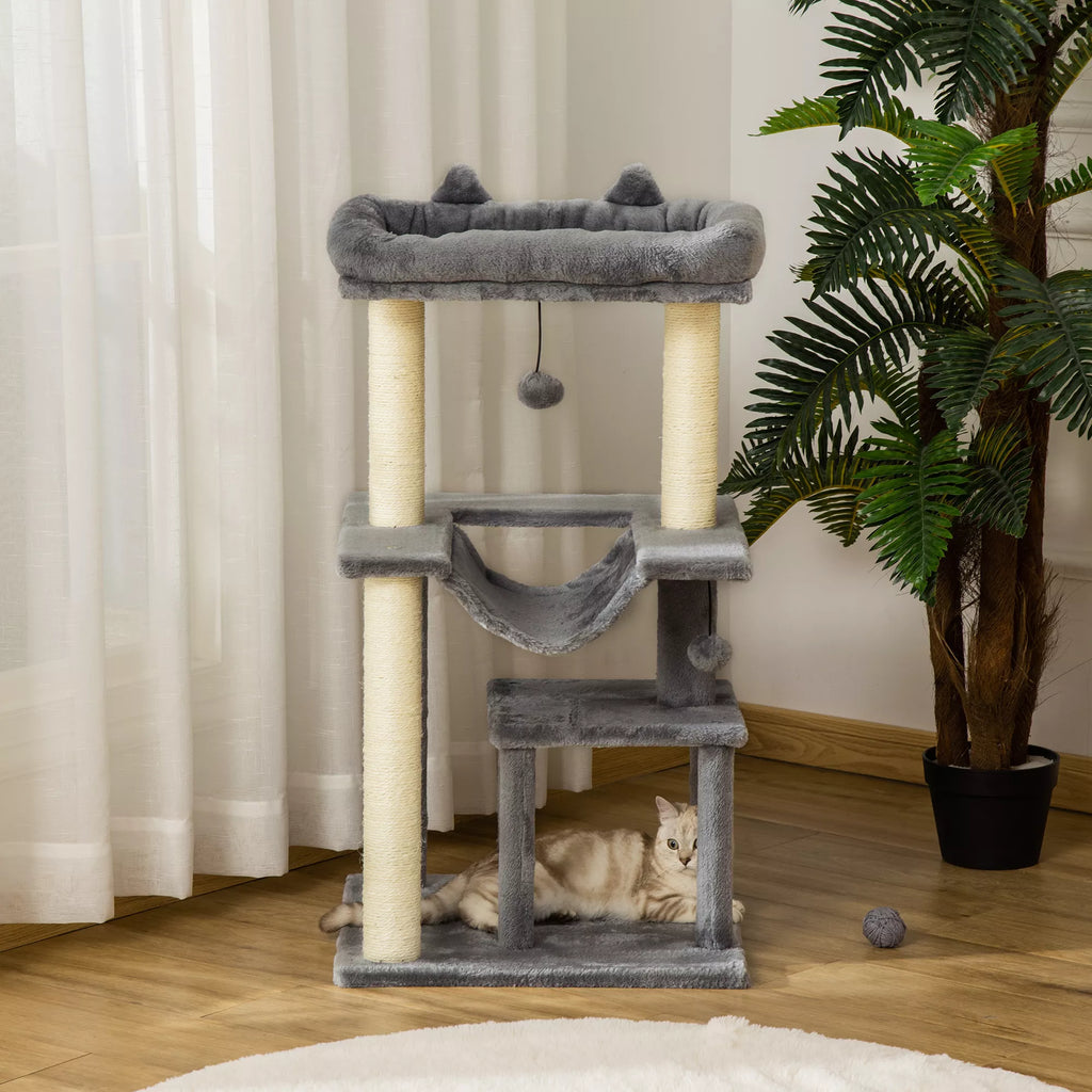 Kačių medis 90 cm, su hamaku, žaidimų medis, kačių guolis, platformos, laipiojimo medis, katės draskyklė, aktyvumo draskyklė, pliušas, sizalis, pilkos spalvos