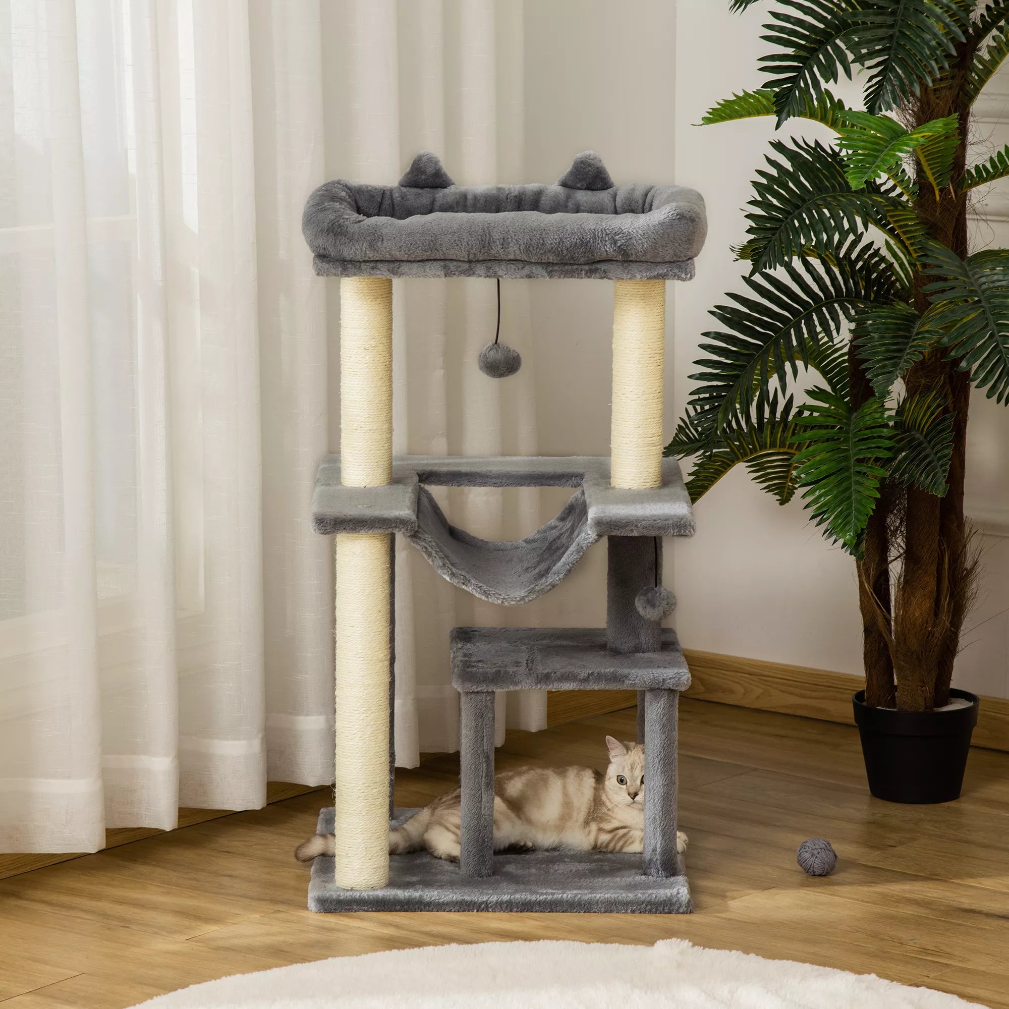 Kačių medis 90 cm, su hamaku, žaidimų medis, kačių guolis, platformos, laipiojimo medis, katės draskyklė, aktyvumo draskyklė, pliušas, sizalis, pilkos spalvos