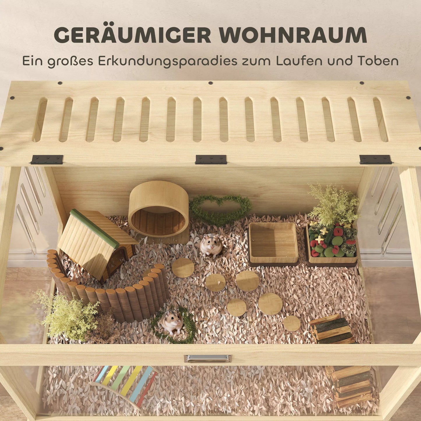 Hamsterio narvas 2 aukštų graužikų narvas smulkių gyvūnėlių narvas su atlenkiamu dangčiu, didelis 83,2 x 50 x 103 cm natūralaus medžio