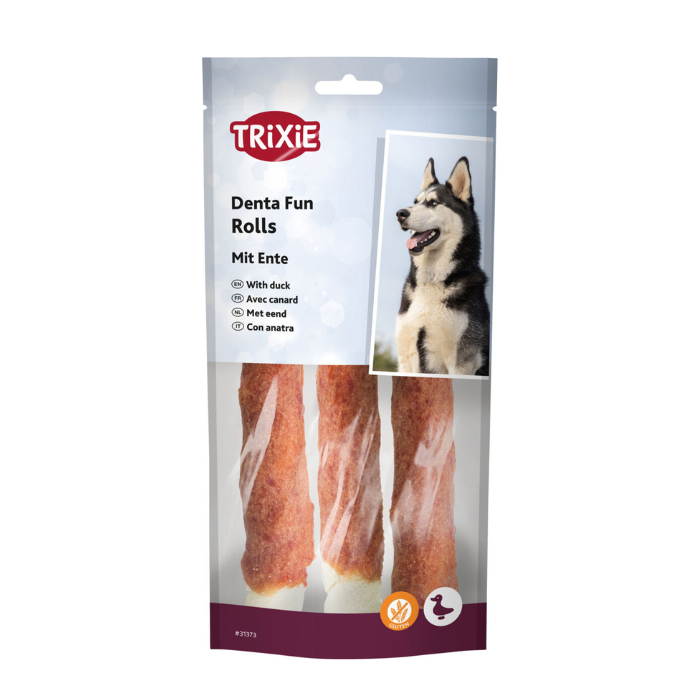TRIXIE Denta Fun skanėstai šunims, kramtomi antienos suktinukai 140 g nauja pakuotės išvaizda