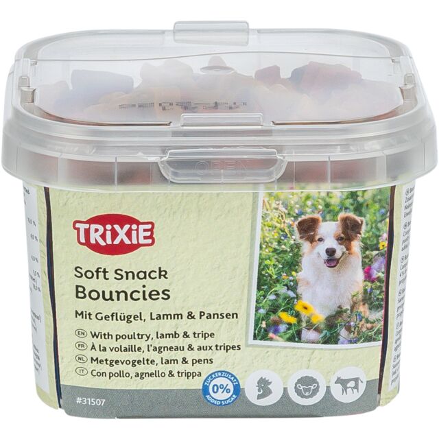 TRIXIE Skanėstai šunims Soft Snack Bouncies su vištiena, ėriena,žarnokais 140 g nauja pakuote