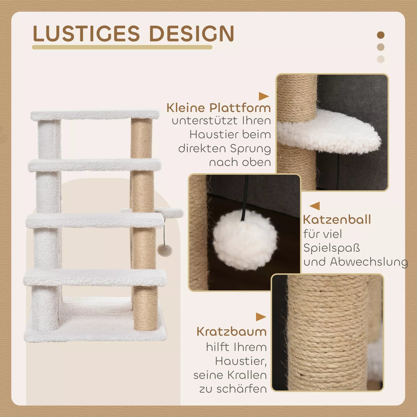 Katės laipteliai 4 pakopų augintinių laipteliai su draskyklėmis rutulys šunų laipteliai gyvūnų laipteliai katėms iki 5 kg pliušas džiutas baltas 60 x 40 x 64 cm