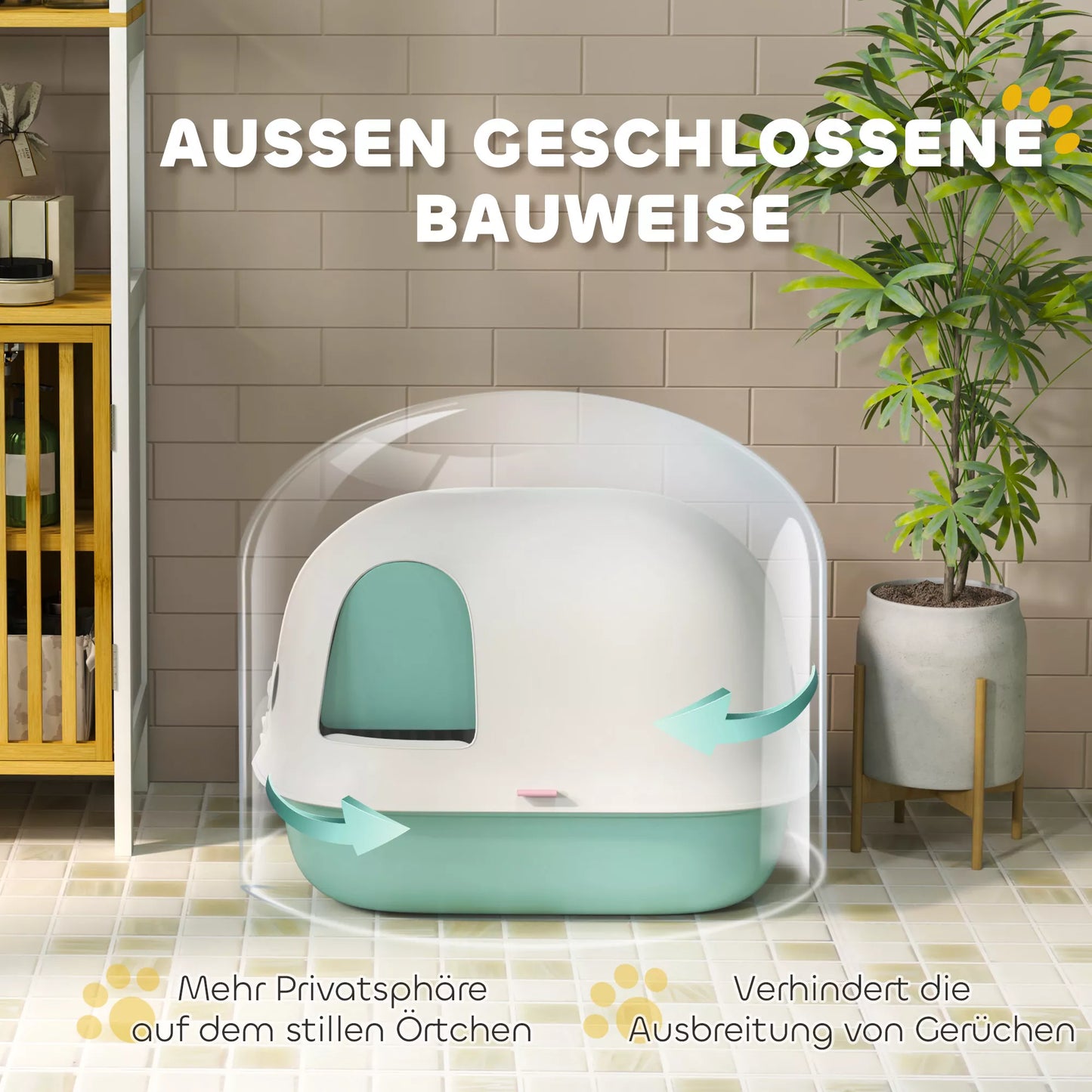 Kaķu pakaišu kaste ar vāku, ar iekšējo noteku, durvīm, kausiņu, viegli tīrāma, plastmasas, zaļa