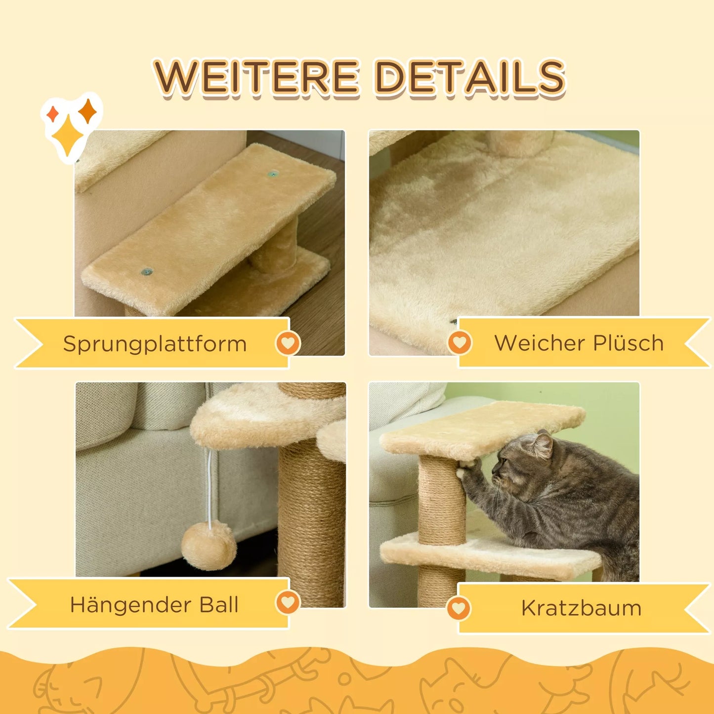 Mājdzīvnieku kāpnes, skrāpējamais stabs, 4 pakāpieni, ar rotaļlietu, mājiņa, regulējams augstums, 60 x 40 x 66 cm, bēšas