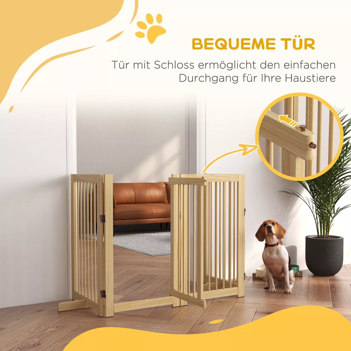 Freestanding folding dog fence with door and supports, wooden frame, 220x36x91cm