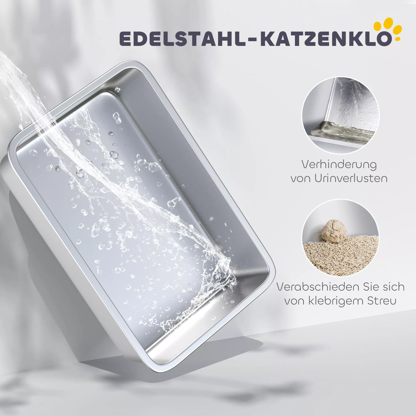 Kaķu pakaišu kaste, nerūsējošā tērauda konteiners, filtrs, kausiņa, kaķiem līdz 6 kg, 40,5 x 60,5 x 41,5 cm, pelēka/sudrabaina