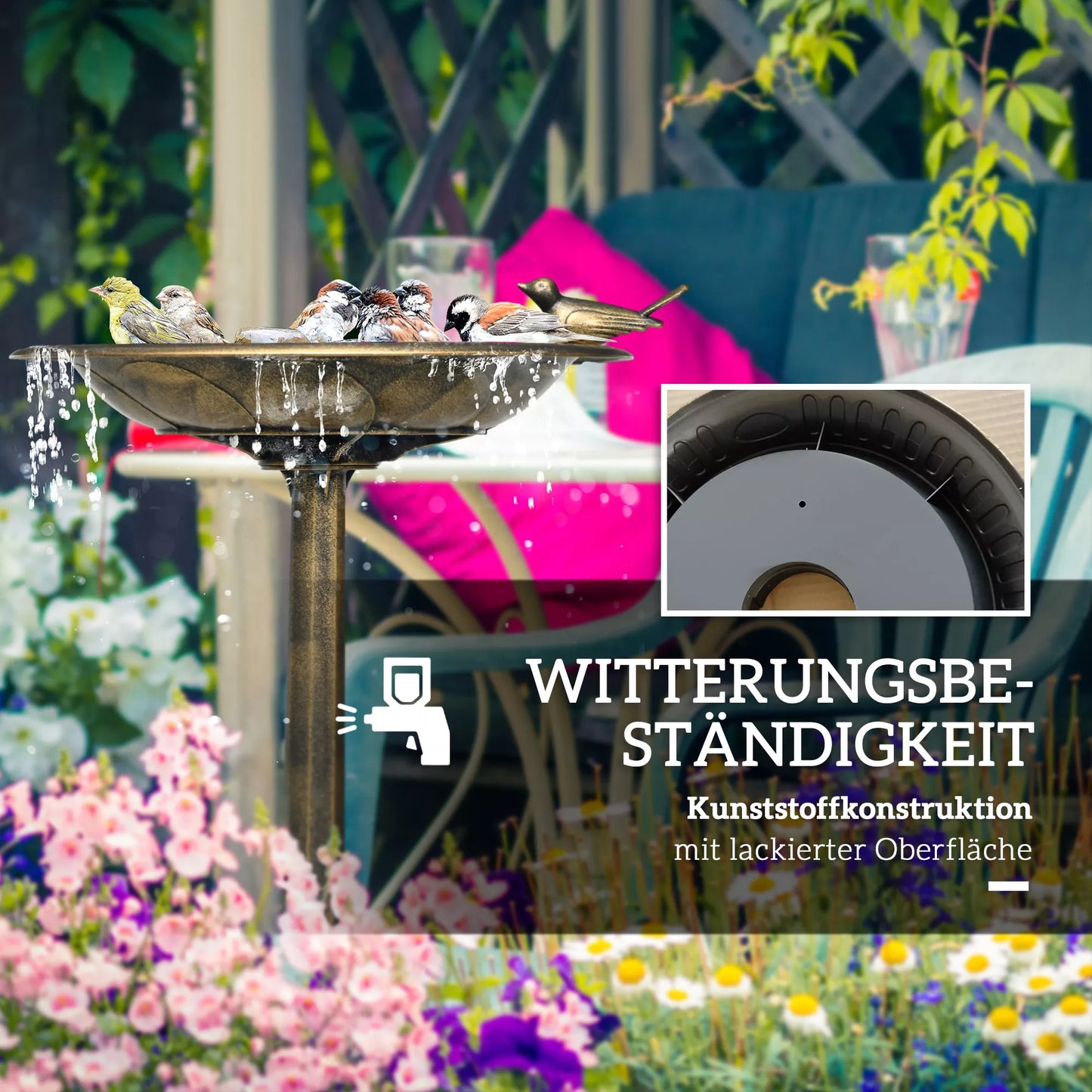 Paukščių girdykla, paukščių vonia su statulėle, gėlių motyvas, 2 baseinai, plastikas, senovinis stilius, 50B x 72H cm, bronzos spalvos