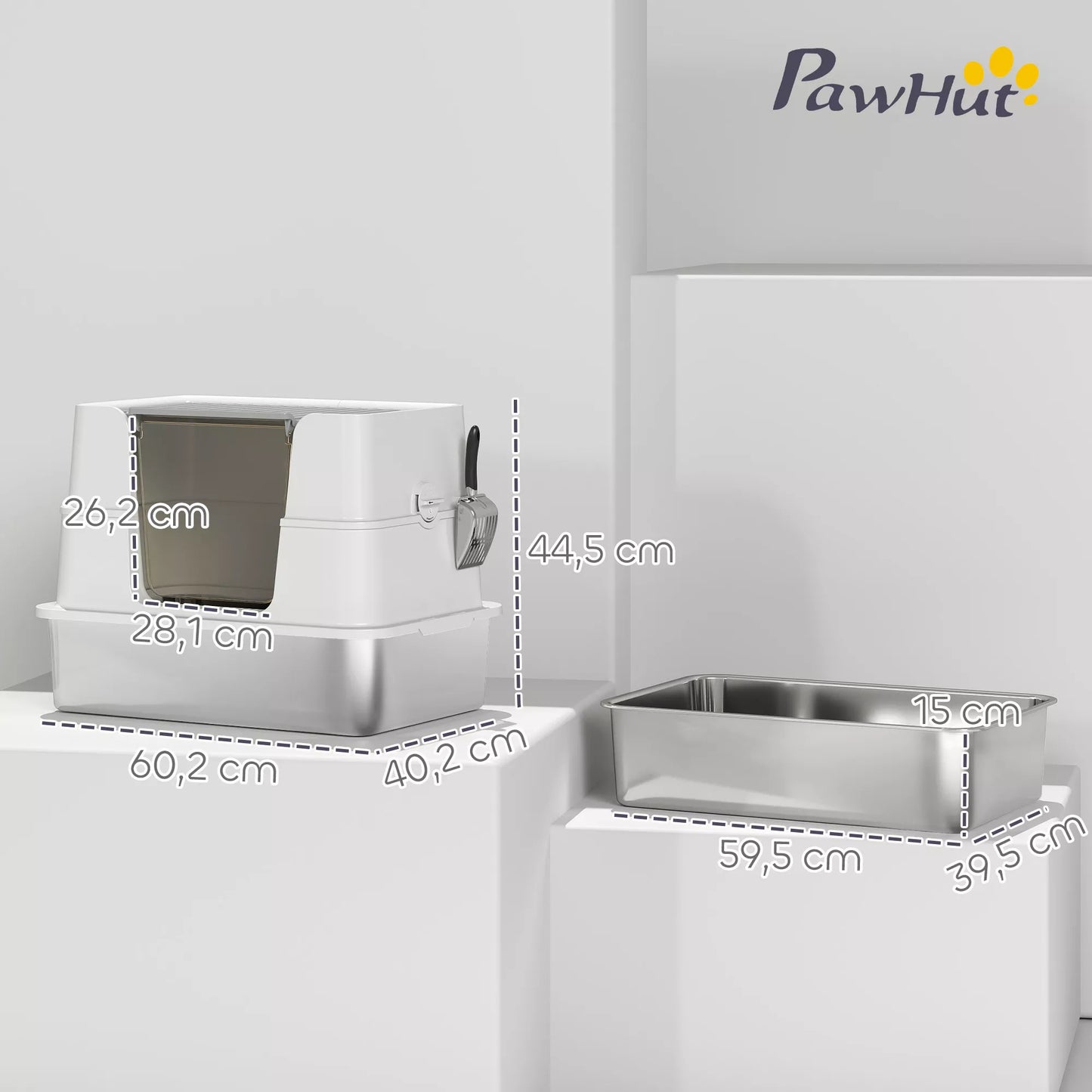 Kaķu pakaišu kaste, nerūsējošā tērauda, ​​XL iekšējā ietilpība, ar kausiņu, gaiši pelēka