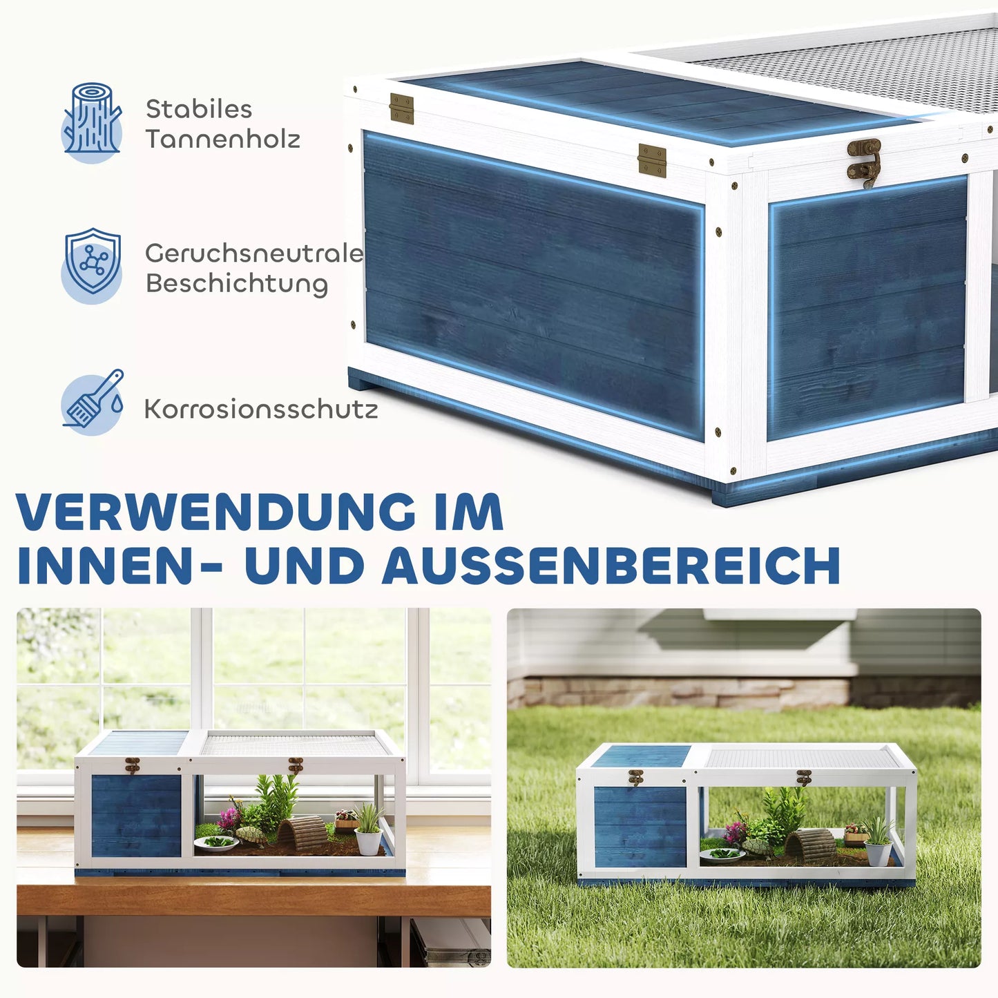 Medinis vėžlių namelis / aptvaras su atidaromu viršumi, 91x60,5x32 cm, mėlynas