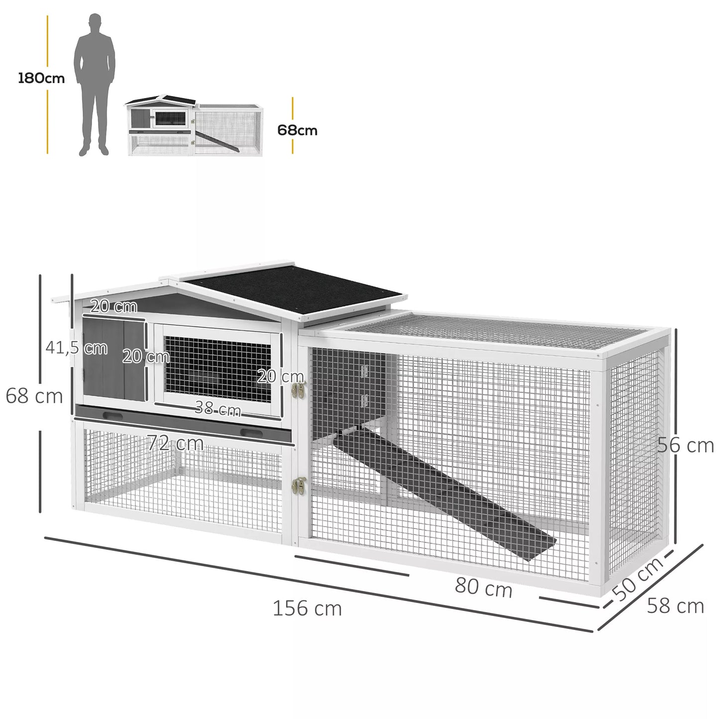 Trušu būris no egles koka, mazo dzīvnieku māja ar asfalta jumtu, mazo dzīvnieku aploks, 156 x 58 x 68 cm, gaiši pelēks