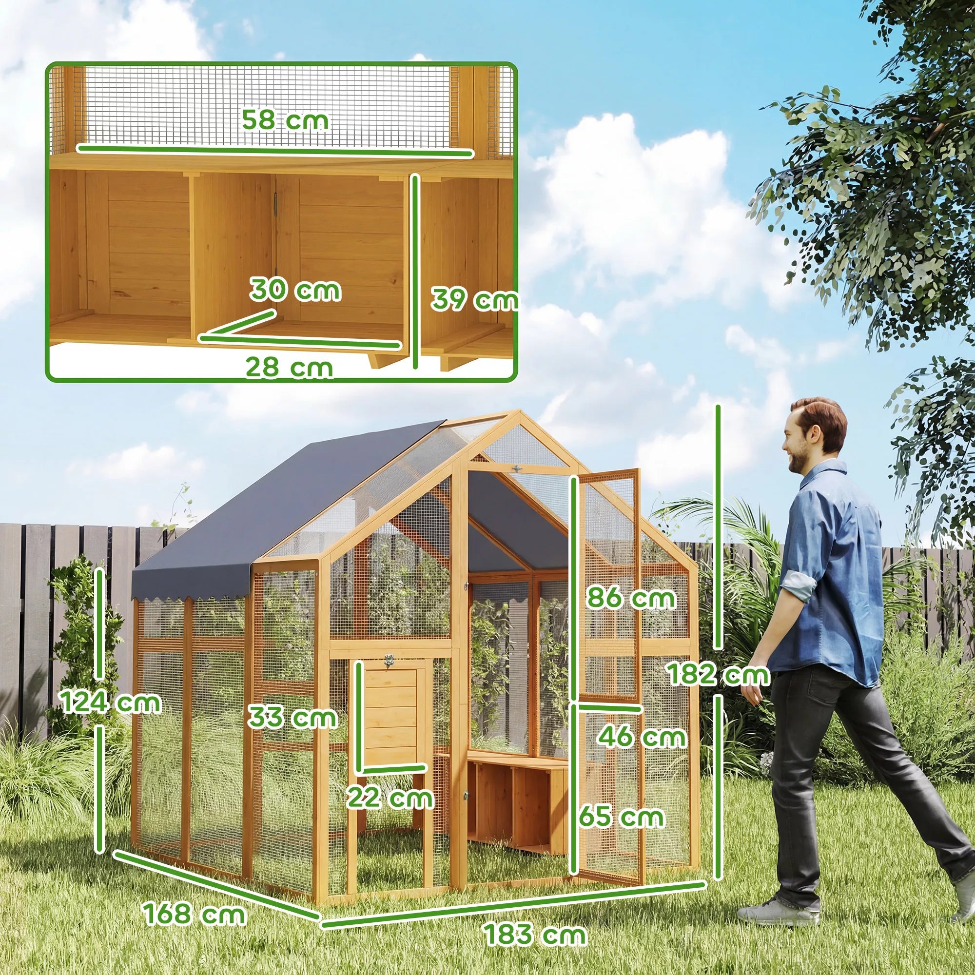 Vištidė 3,07 m² Laisvai vaikščiojanti aptvaras iš medžio su neperšlampamu audiniu, saugumo spyna, 6–8 vištoms 1,7 x 1,8 x 1,8 m