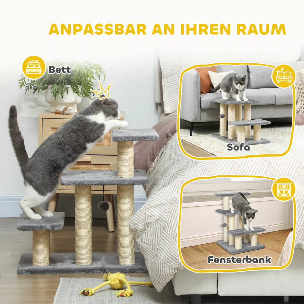 Suņu kāpnes 3 pakāpieni 54 cm augstumā, mājdzīvnieku kāpnes maziem suņiem, kaķu kāpnes ar sizala skrāpējamiem stabiem, bumbiņa