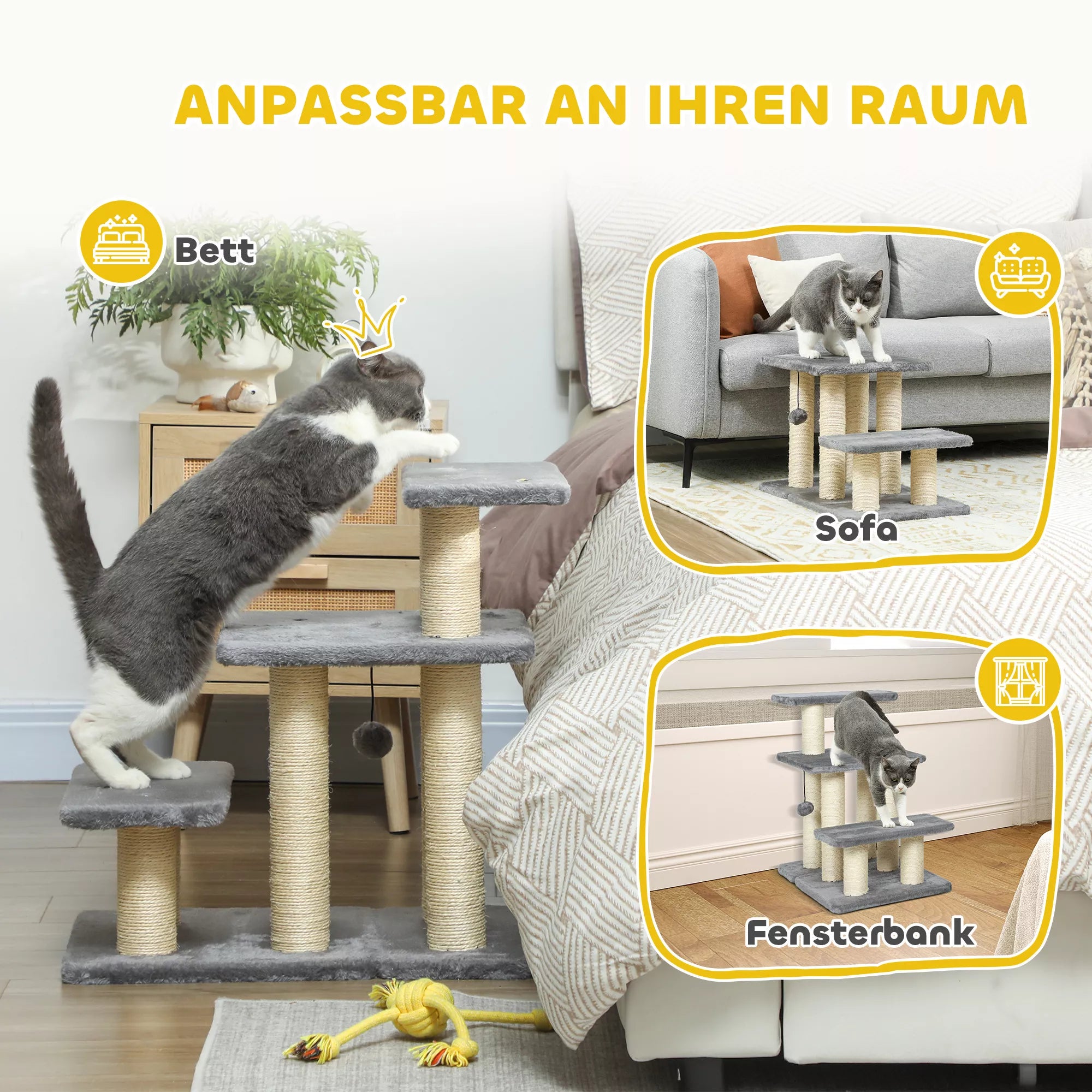 Suņu kāpnes 3 pakāpieni 54 cm augstumā, mājdzīvnieku kāpnes maziem suņiem, kaķu kāpnes ar sizala skrāpējamiem stabiem, bumbiņa