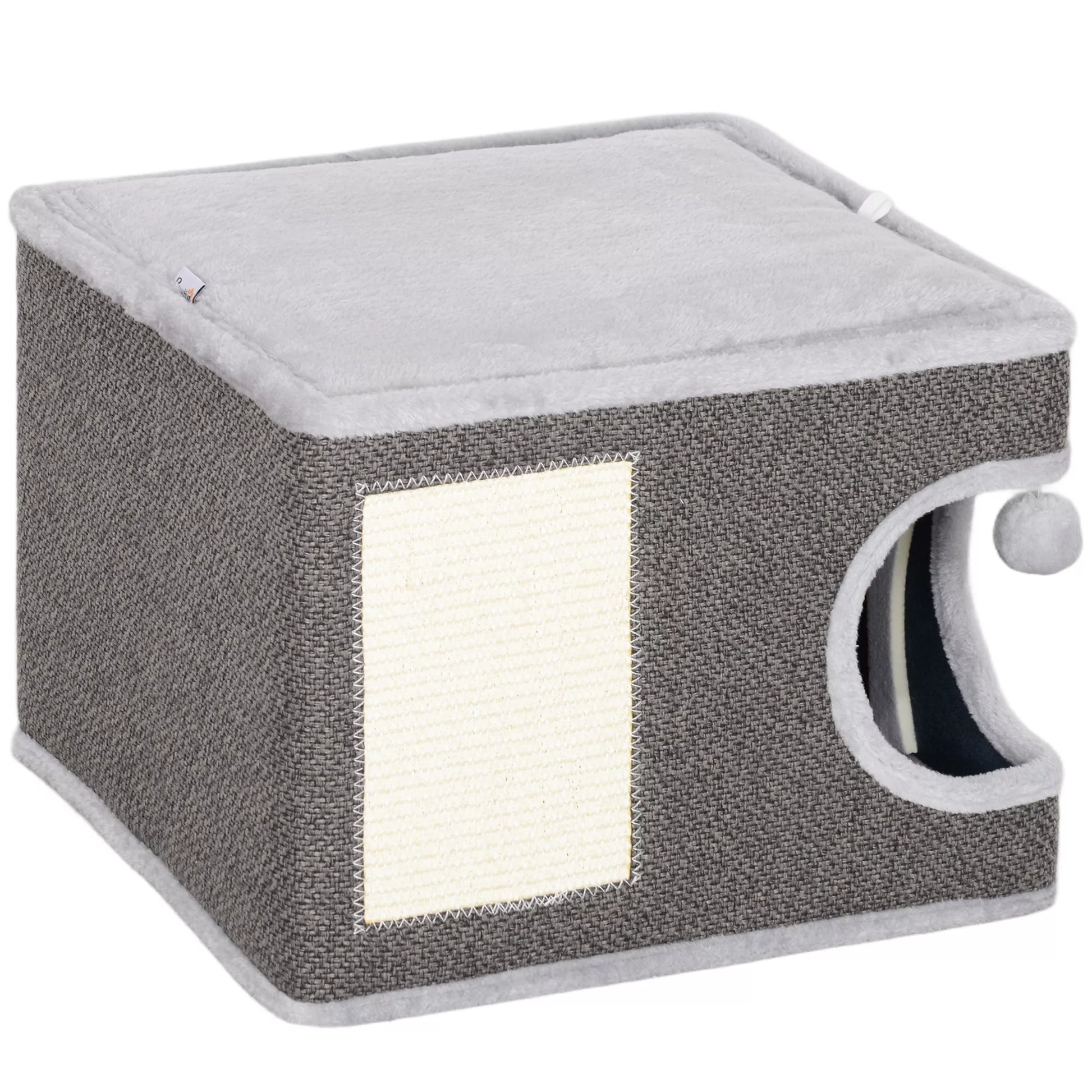 Katės namelis su 2 pagalvėlėmis, lova, guoliu, draskymo kilimėliu, žaisliniu kamuoliuku, mažu draskomuoju medžiu, pilkos spalvos