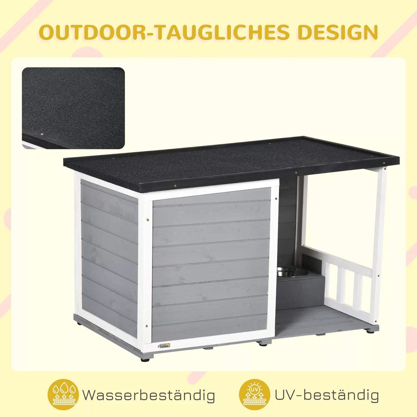 Suņu voljērs no masīvkoka, ar 2 barotavām, terase, izturīgs pret laikapstākļiem, 103 cm x 62 cm x 66 cm, pelēks + balts