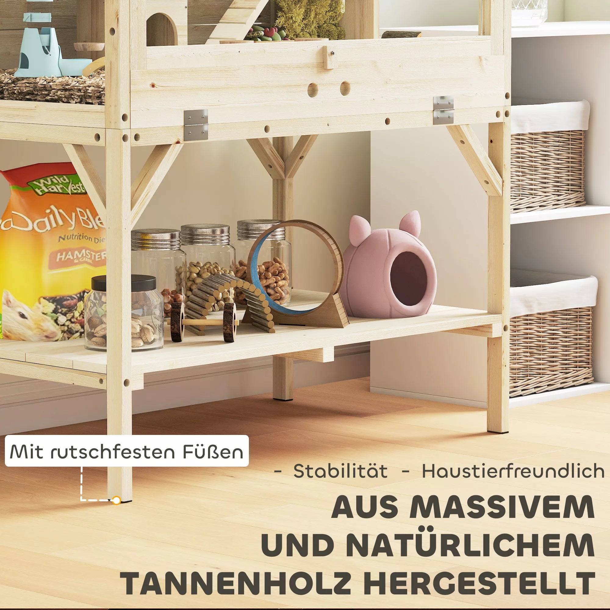 Hamsterio narvelis, 2 lygiai, narvelis smulkiesiems gyvūnams su daiktų laikymo skyriumi, priedai, 84 x 53 x 110 cm, natūralus medis