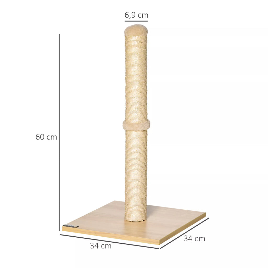 Braižymo stulpas katėms, sizalio draskymo stulpas, stabilus kačių draskytuvas, braižymo žaislas katei su kamuoliu, 60 cm, medžio drožlių plokštė, sizalis smėlio spalvos + ąžuolas, 34 x 34 x 60 cm