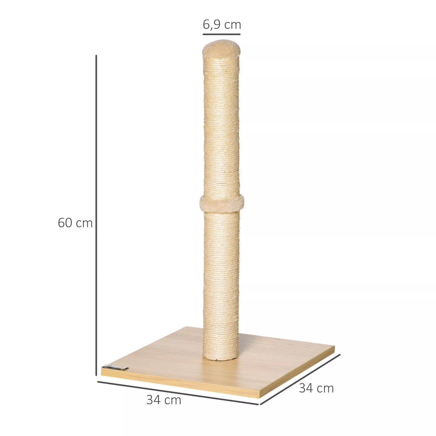 Kaķu skrāpējamais stabs, sizala skrāpējamais stabs, stabils kaķu skrāpējamais stabs, kaķu skrāpējamā rotaļlieta ar bumbu, 60 cm, skaidu plāksne, bēšs sizala + ozols, 34 x 34 x 60 cm