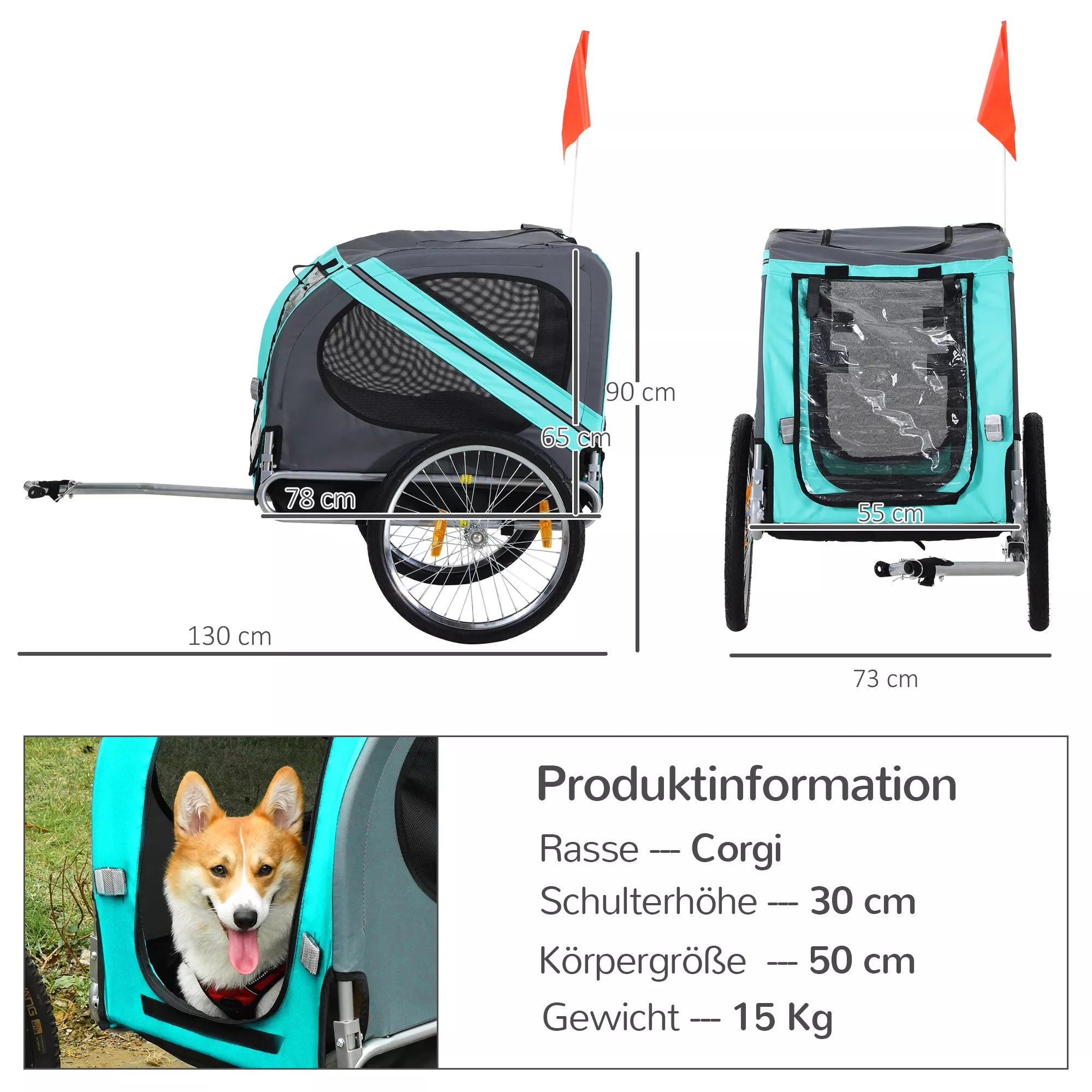 Mājdzīvnieku piekabe suņiem, velosipēda piekabe līdz 20 kg, salokāma, ar atstarotāju, lietus pārsegs, tērauds, pelēka + zaļa, 130 x 73 x 90 cm