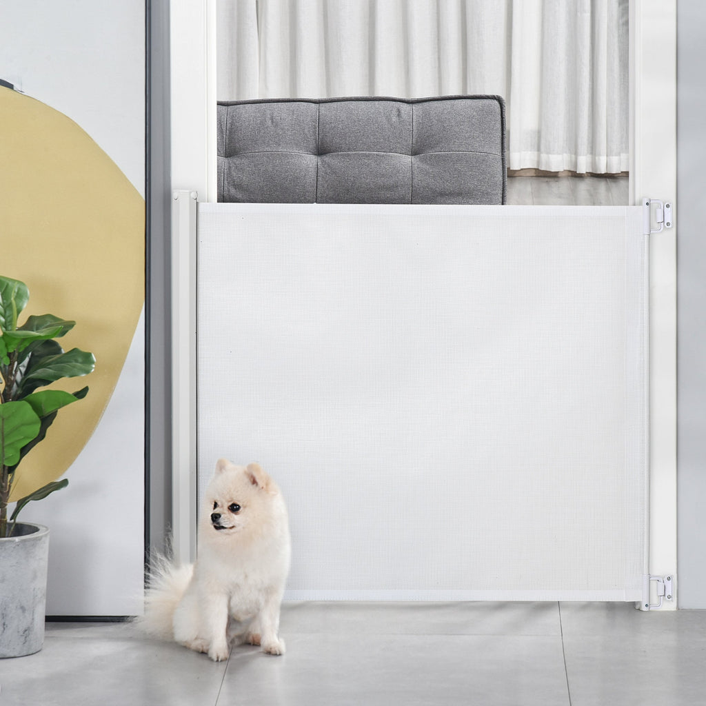 Drošības vārtiņi kāpnēm 115 cm suņiem, drošības vārtiņi durvīm, drošības siena, izvelkamas drošības rullo žalūzijas kāpnēm, sarullējamas rullo žalūzijas, plastmasas, baltas