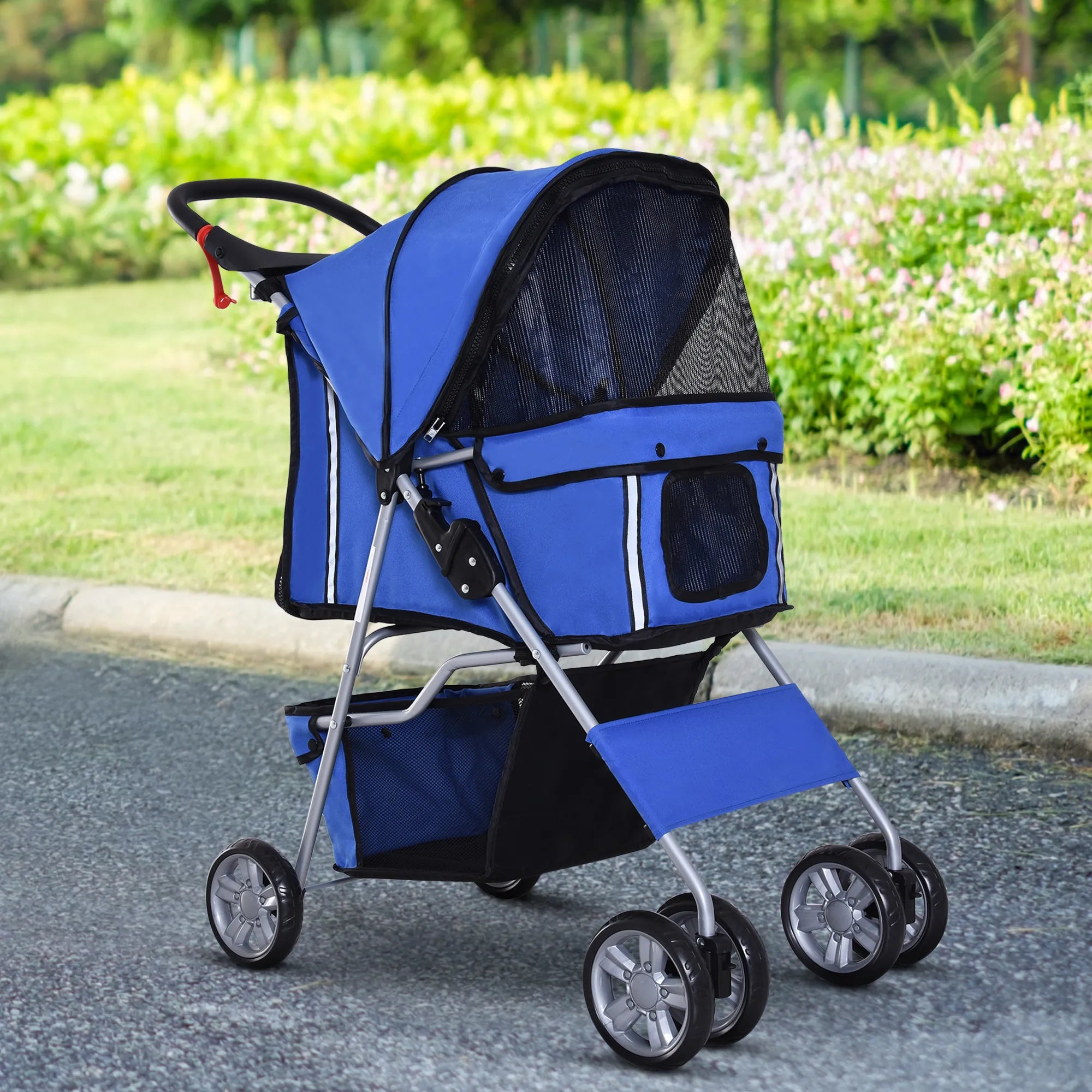 Salokāmi suņu ratiņi līdz 10 kg, ar regulējamu jumtiņu, 2 krūzīšu turētājiem un apakšējo trauku, zili