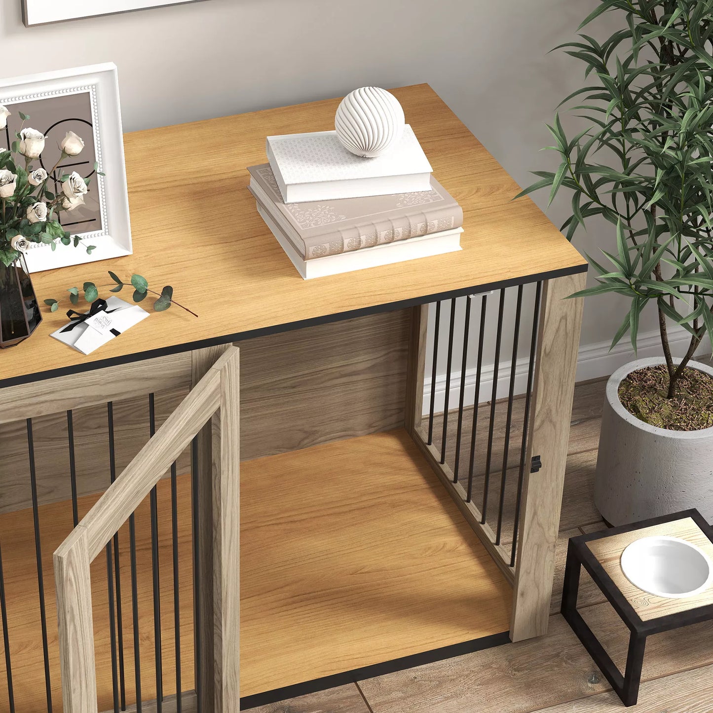 Šunų dėžė, naminių gyvūnėlių dėžė dideliems šunims, šunų būda, skirta naudoti patalpoje, 106 x 60 x 76 cm, ąžuolo spalvos