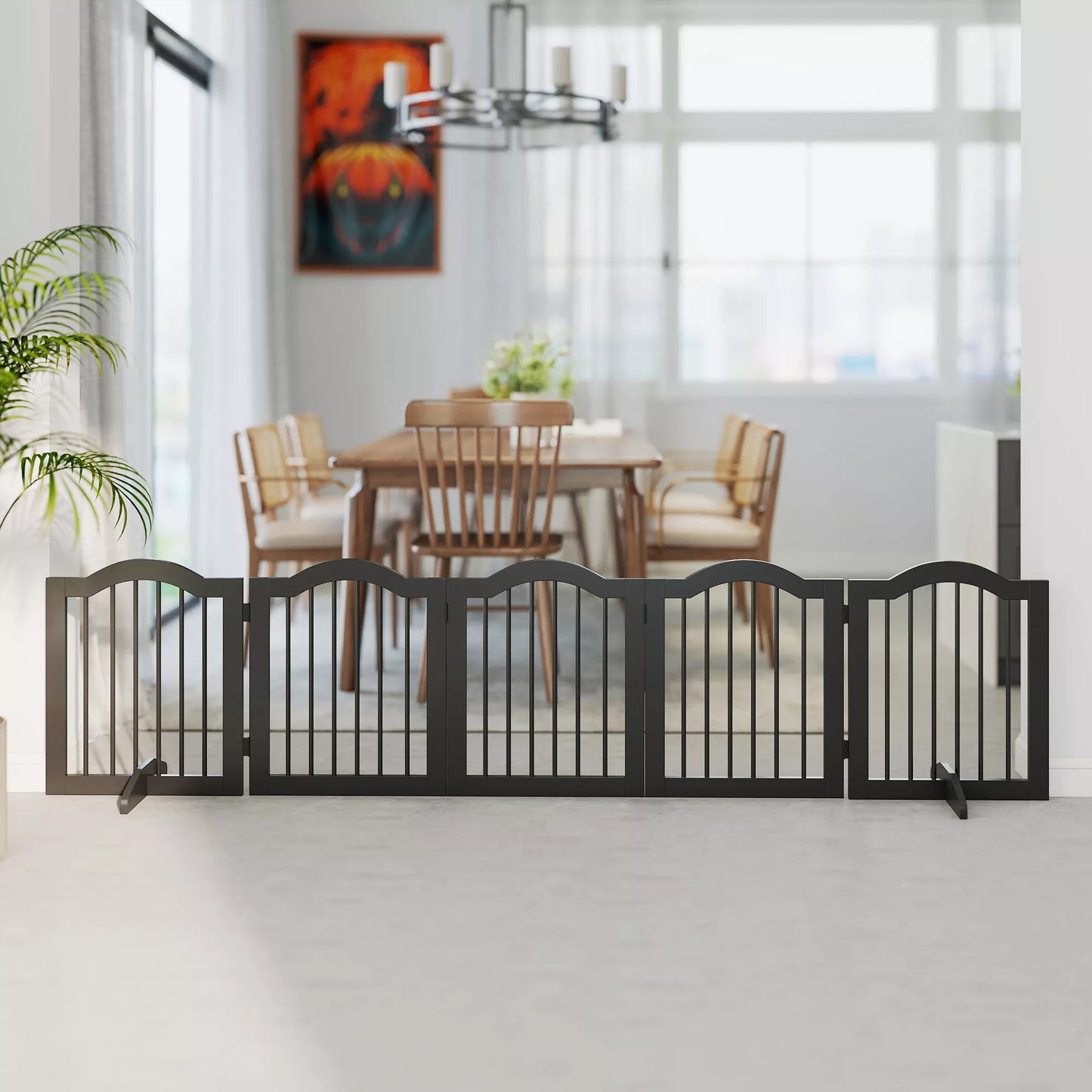 Suņu žogs, brīvi stāvošs drošības tīkls ar kājām, salokāms, 5 paneļi, 261,5 x 29,5 x 61 cm, melns