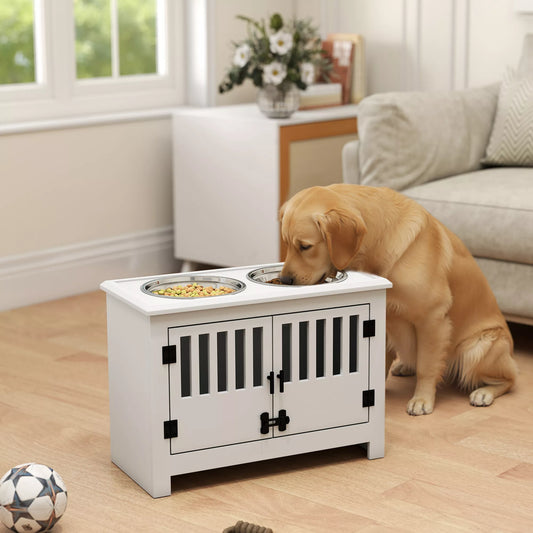 Pacelta barotava lieliem suņiem, 2 nerūsējošā tērauda bļodas, uzglabāšanas vieta, 35,5x60x30 cm, balta