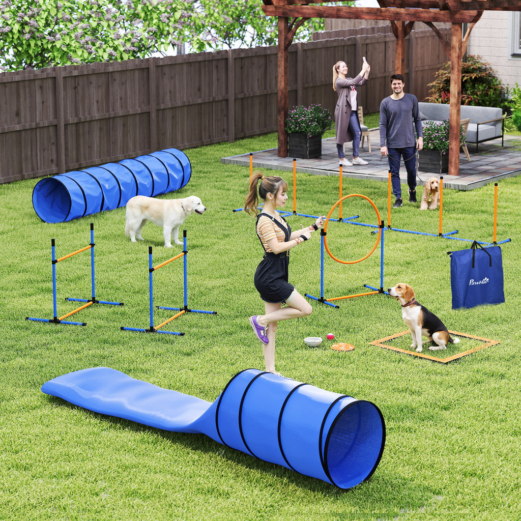 Agility rinkinys šunims, 11 dalių, su 2 tuneliais, šuolių lanku, barjerais ir slalomo stulpais, oranžinis