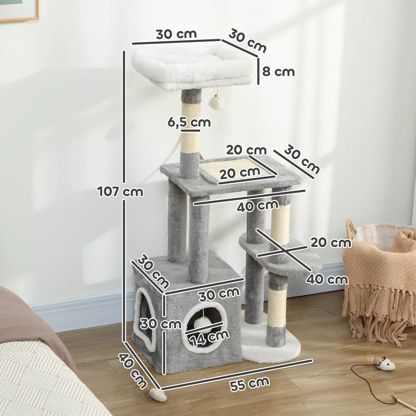 107 cm kaķu māja, kaķu tornis ar alu, 2 plīša bumbiņas, sizala stieņi, liela platforma, 55x40x107 cm, pelēka