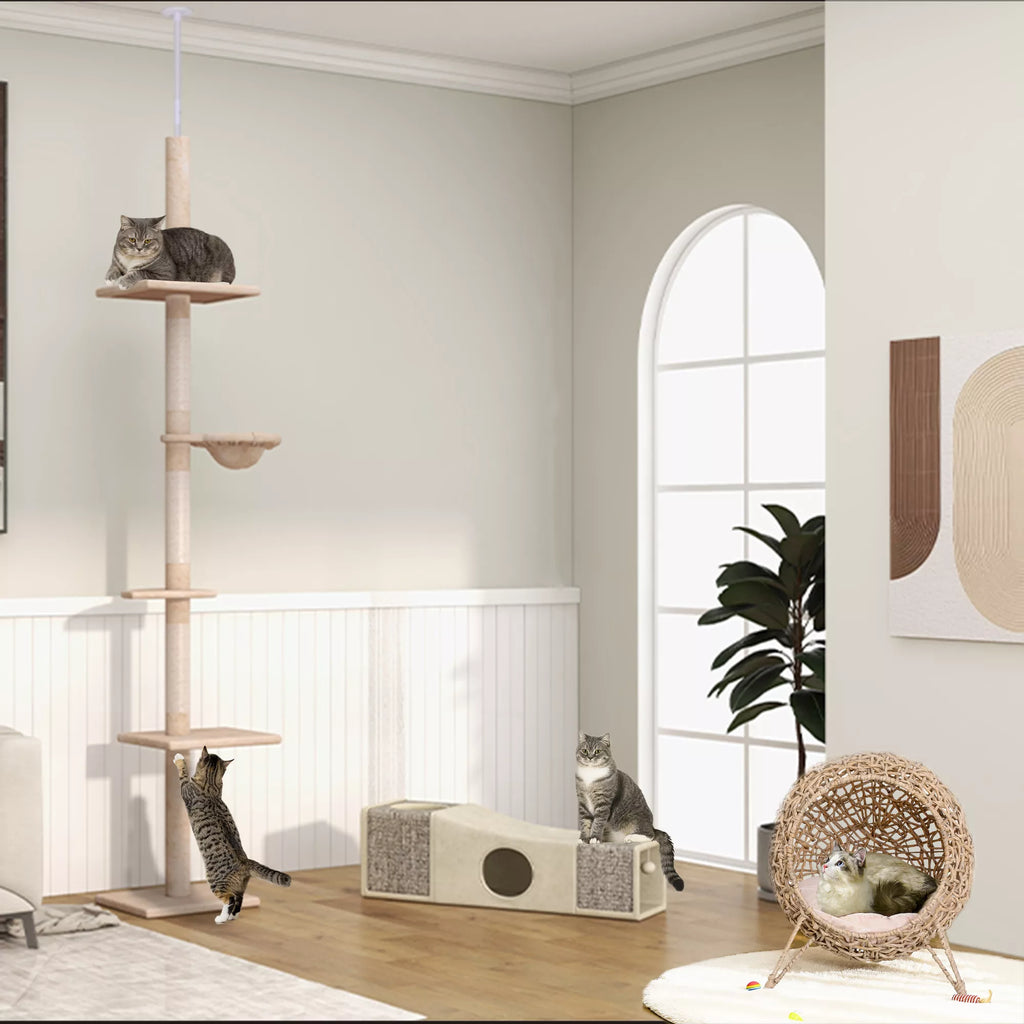Kaķu māja līdz griestiem, regulējams augstums, stabils kaķu koks ar sizala stabiem, kaķu kāpšanas koks, bēšs, 40 x 34 x 230-260 cm