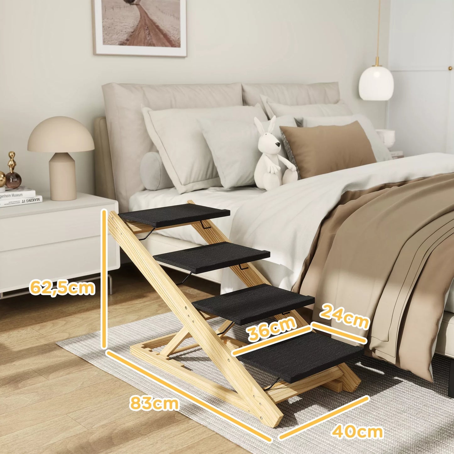 Dog steps, dog ramp, adjustable height, non-slip, foldable, 83x40x62.5 cm, wood/white