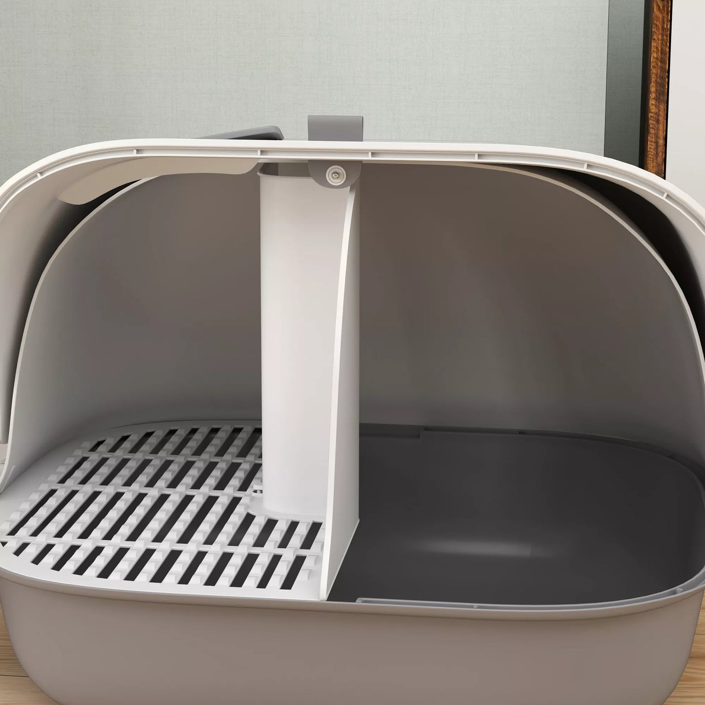 Kaķu pakaišu kaste ar vāku un iekšējo renni, durvīm, kausiņu, viegli tīrāma, plastmasa, gaiši pelēka