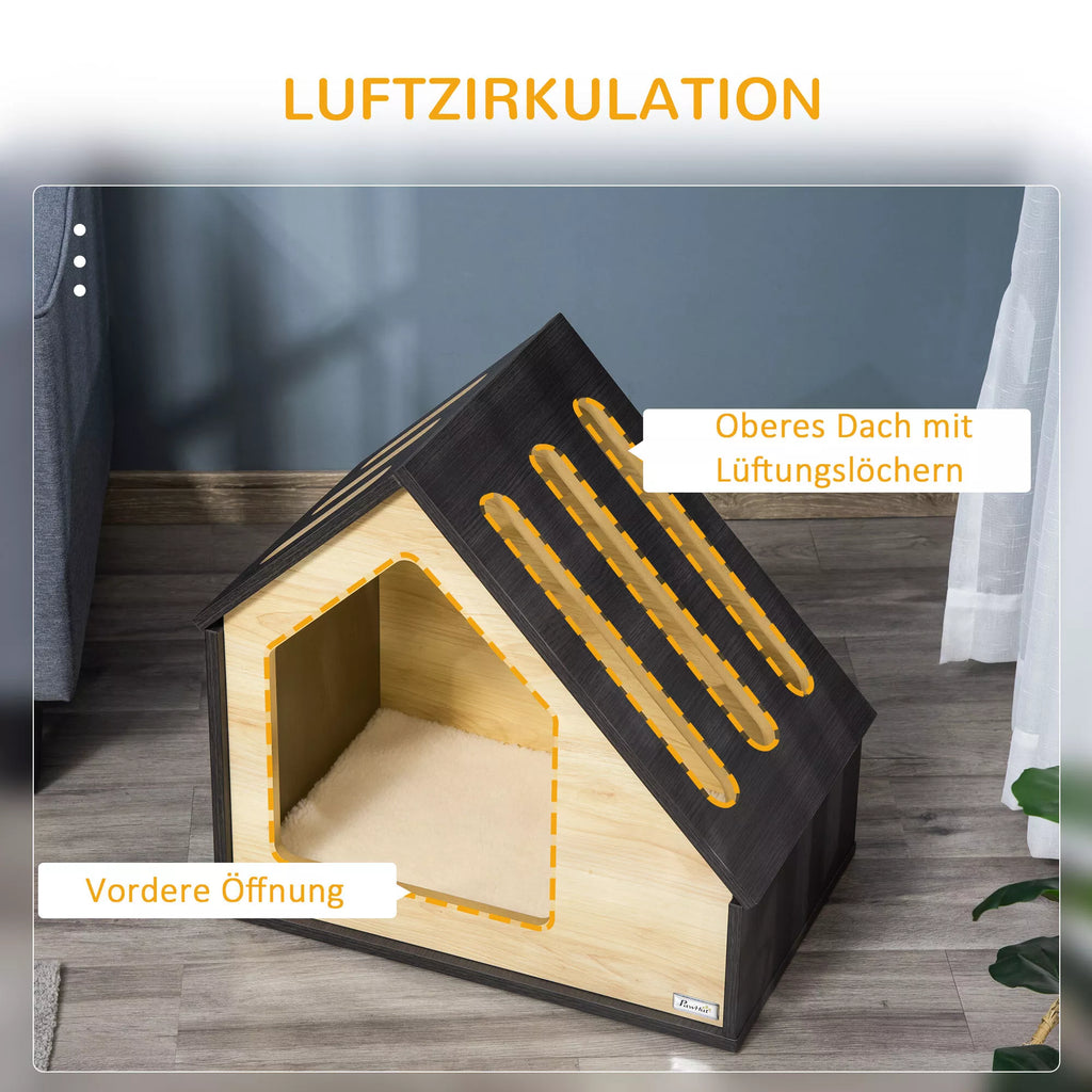 Šunidė/Šunų namelis vidaus naudojimui, šunų guolis su pagalvėle, šunų namelis su nuožulniu stogu, kačių namelis mažiesiems šunims iki 8 kg, 60 x 40 x 59,2 cm, rudos spalvos