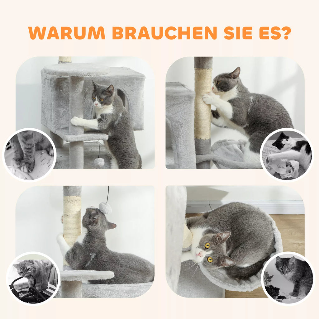 140 cm katės draskyklė, kelios pakopos, sizaliniai draskymo stulpeliai, guoliai, pliušinės platformos, hamakas, kopėtėlės, žaisliniai kamuoliukai