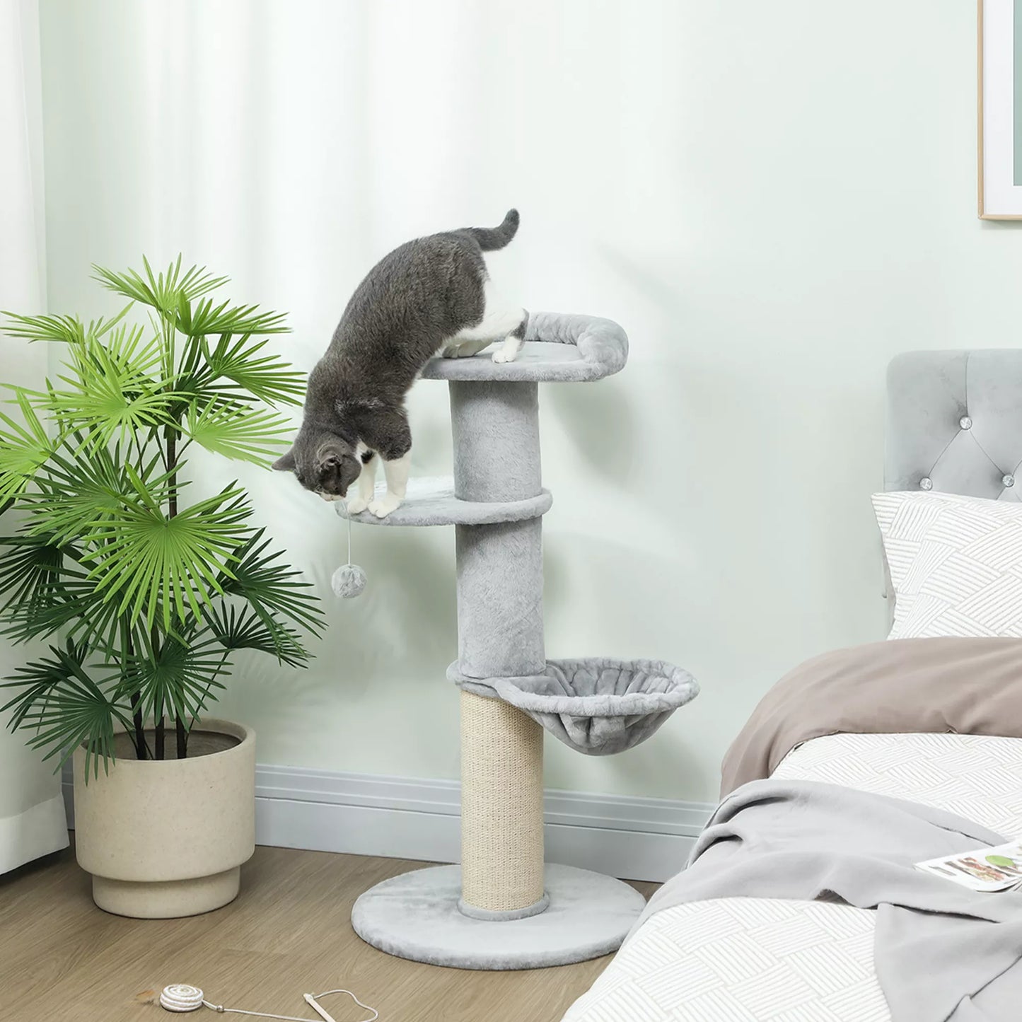 Cat scratching post, sisal posts, multi-tiered, plush fabric, hanging ball, light gray