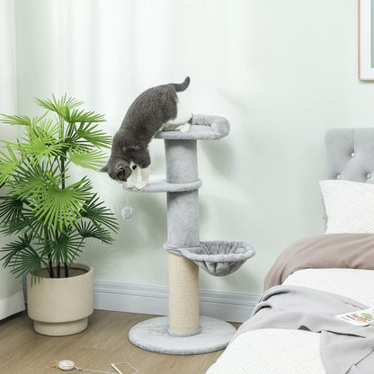 Cat scratching post, sisal posts, multi-tiered, plush fabric, hanging ball, light gray