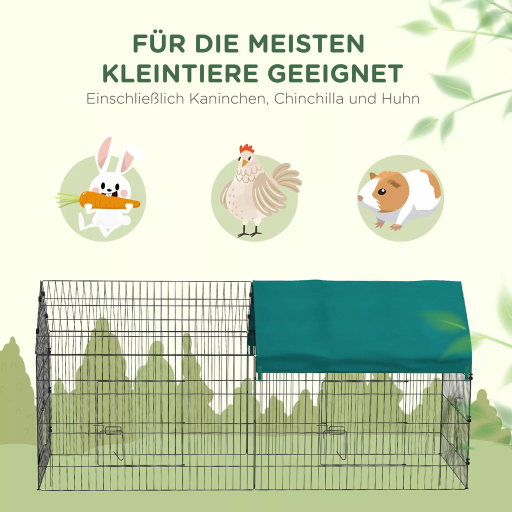 Mažų gyvūnų aptvaras su stogu, 4 durimis, atsparus atmosferos poveikiui, plienas/poliesteris, 220x85x103 cm, žalias/juodas