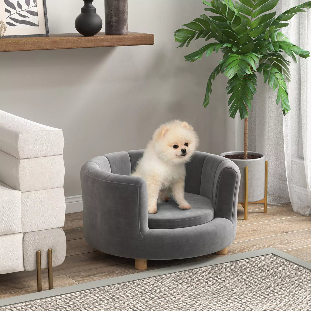 Mājdzīvnieku gulta suņiem un kaķiem, koka kājas, paaugstināta, flaneļa pārvalks, noņemams spilvens, pelēka