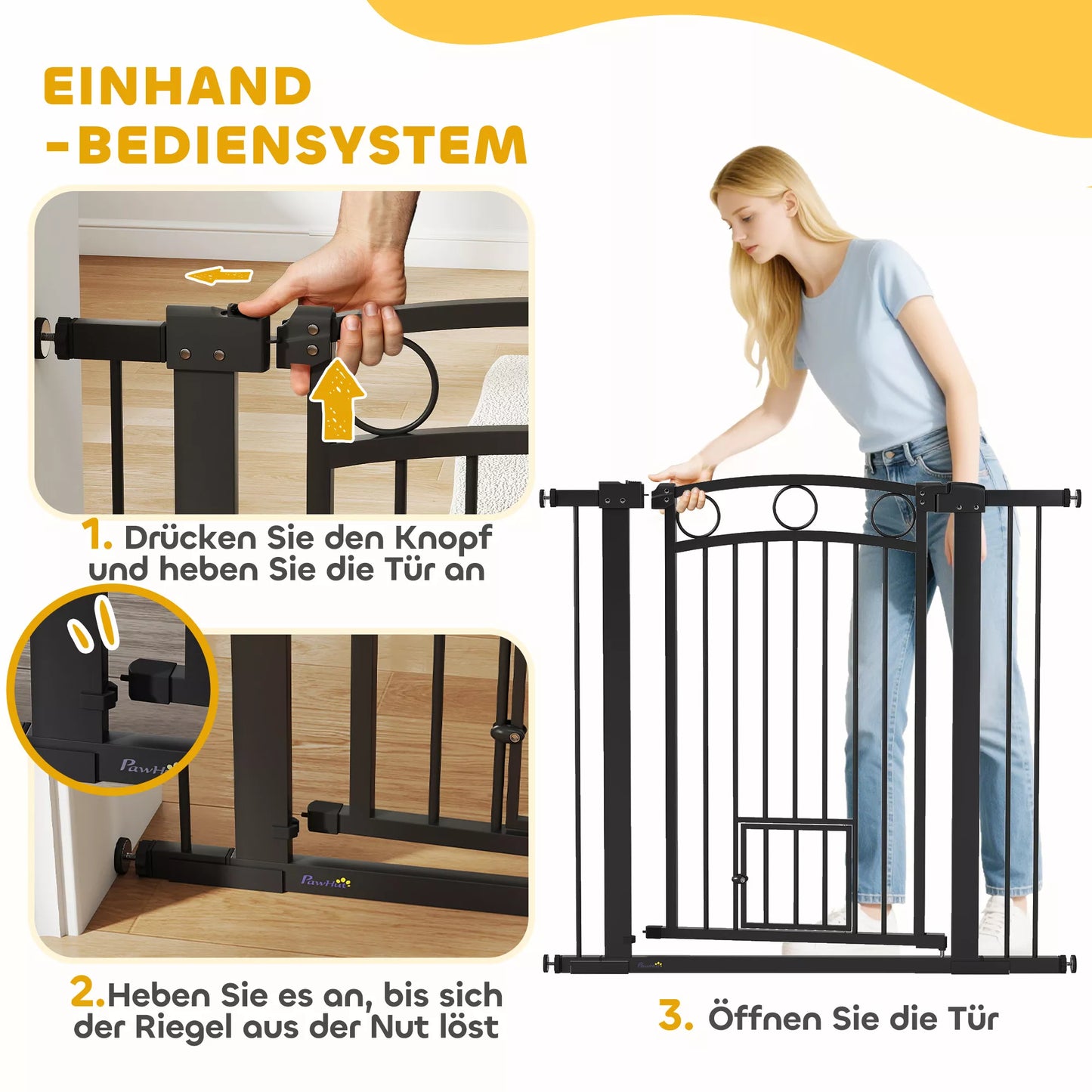 Mājdzīvnieku vārtiņi, 96 cm kāpņu drošības vārtiņi, regulējams platums 76-104 cm, ar kaķu durvīm, kāpnēm un durvju ailēm, melni