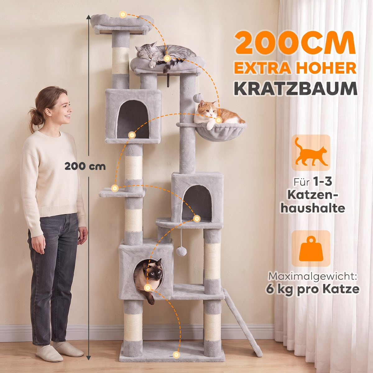 Draskyklė 200 cm su 2 guoliais, 3 nameliais, hamaku ir 3 kamuoliukais, 1–3 katėms iki 6 kg, šviesiai pilka