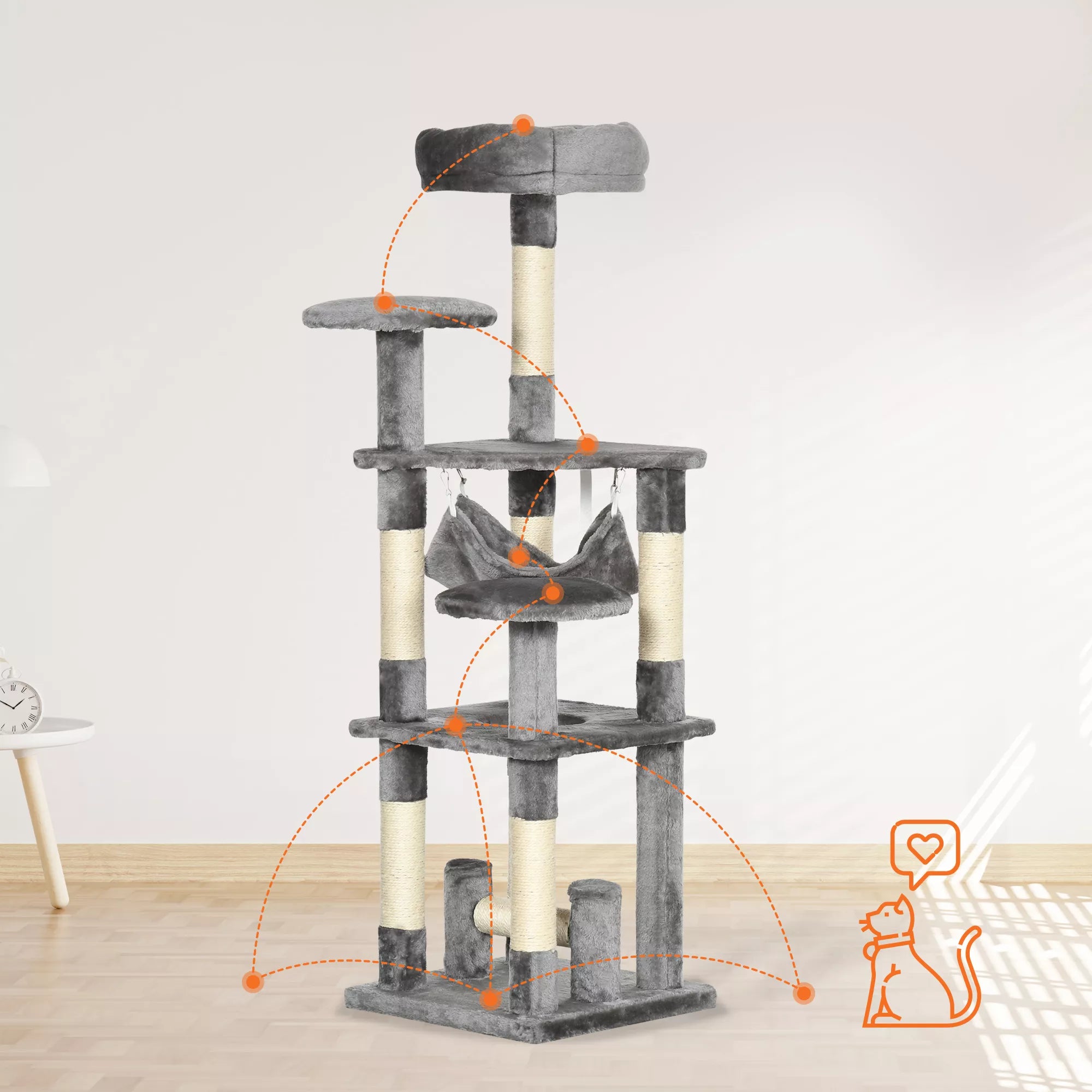 Kaķu māja, kaķu nagu skrāpējamā kaste, kaķu rotaļu tornis, kaķu kāpšanas koks, nagu skrāpējamā kaste ar šūpuļtīklu, pelēka, garums 40 x platums 40 x augstums 132 cm