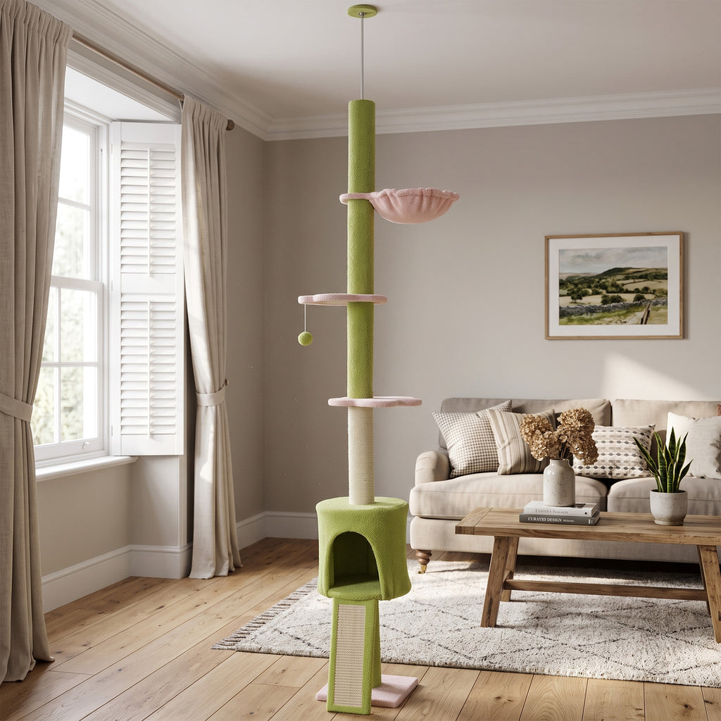 Draskyklė iki lubų 220–240 cm su nameliu, hamaku ir gėlių formos platformomis, 1–2 katėms iki 5 kg, žalia