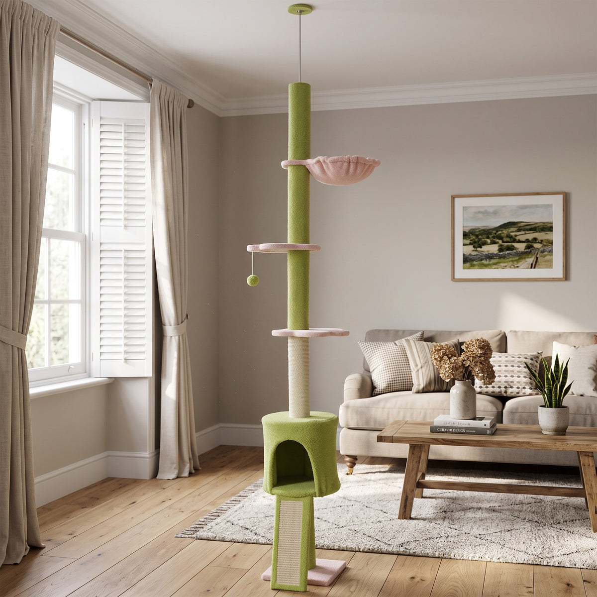 Draskyklė iki lubų 220–240 cm su nameliu, hamaku ir gėlių formos platformomis, 1–2 katėms iki 5 kg, žalia