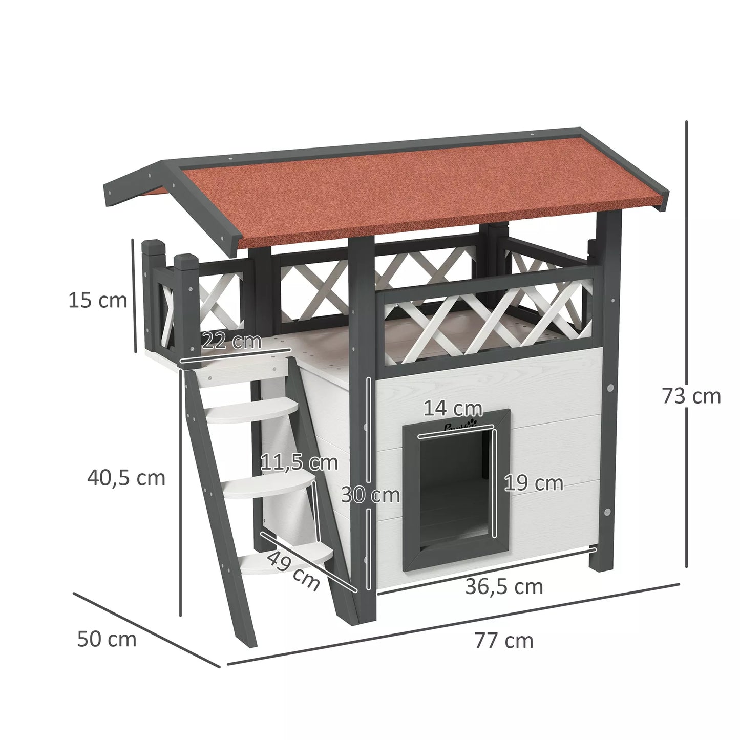 Kaķu būdiņa, dzīvnieku māja, asfalta jumts, 2 līmeņi, 1 kāpnes, balta+sarkana