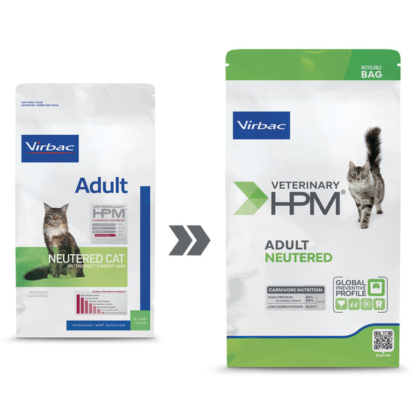 Virbac Veterinary HPM Adult Neutered Cat visavertis sausas pašaras kastruotoms suaugusioms katėms pasikeitusi pakuotės išvaizda