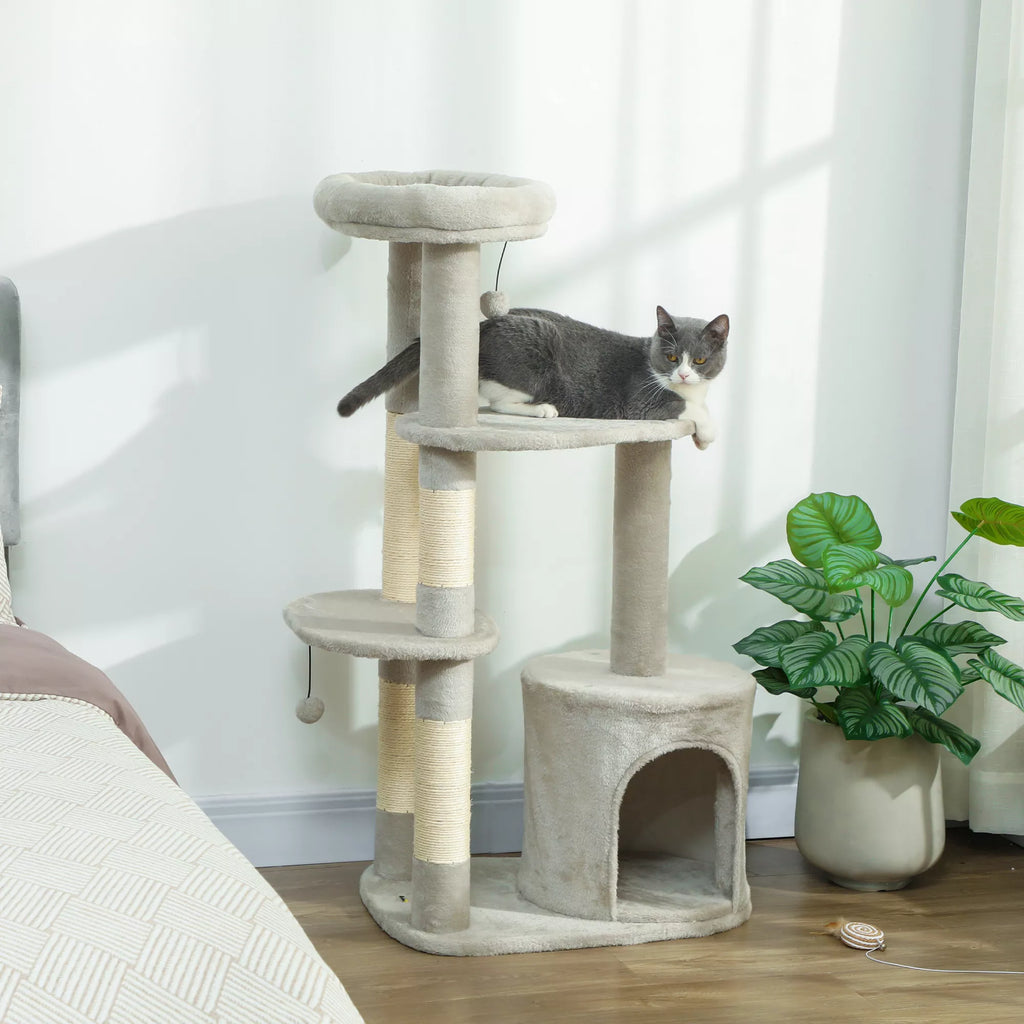 Katės namelis 114 cm, katės bokštas su guoliu, sisaliniai stulpeliai, platforma, daugiaaukštis vidutinio dydžio katėms iki 6 kg, šviesiai pilkas